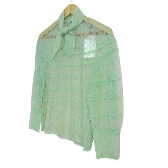 Sandro Mint Green Izzie Sheer Lace Long Sleeve Tie-Neck Blouse, Size 1 Small - Picture 3 of 15